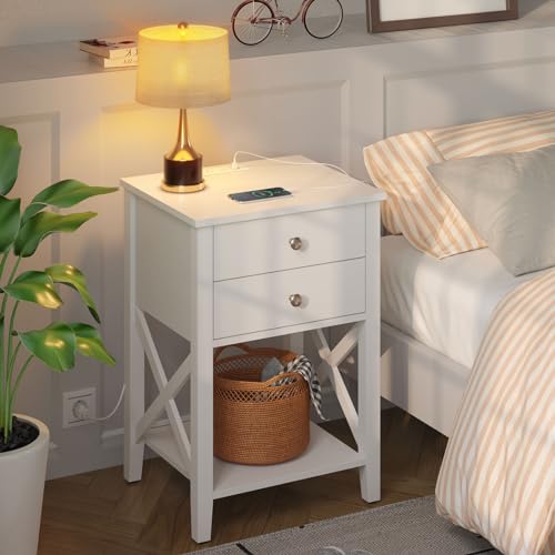 Rolanstar Nightstand with Charging Station and Storage Shelf for Bedroom