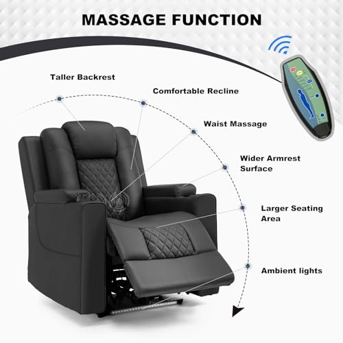 Power Recliner Chair with Massage, Cup Holders, and LED Lighting for Living Room or Home Theater (Black)