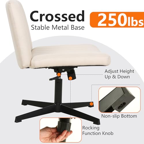 Ergonomic Armless Office Chair for Home Office - Cross Legged Design, Adjustable Swivel, U-Shaped Backrest, Wide Seat