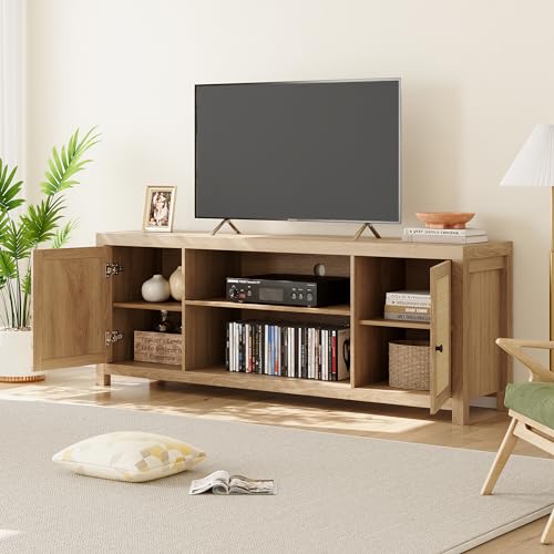 Boho Rattan TV Stand - 75-Inch Capacity, Entertain in Style with Storage & Doors, Natural Oak Finish (66 Inch)
