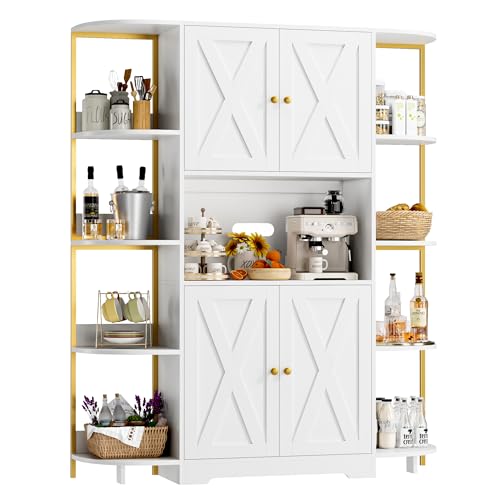 Tall Kitchen Pantry Cabinet with Coffee Bar and Microwave Stand for Dining Room, Living Room - White Gold