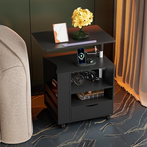 JUMMICO Modern Nightstand with Charging Station and LED Light - Black Bedroom Table with Open Storage and Adjustable Drawer