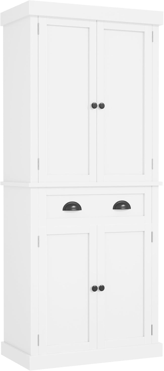 72 White Kitchen Pantry Cabinet with Drawer and Adjustable Shelves for Kitchen, Dining Room, and Living Room