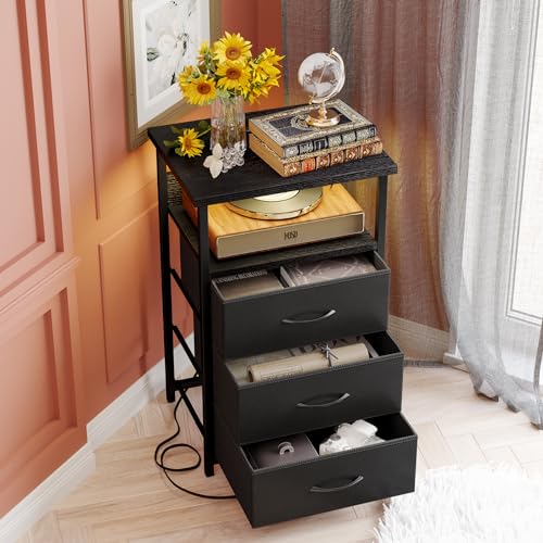 Black LED Nightstand with USB Ports and Storage Drawers for Kids