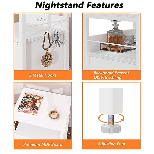 White Nightstand with Charging Station and Storage for Living Room/Bedroom