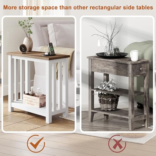 Farmhouse End Tables Set of 2 for Small Spaces, White and Brown