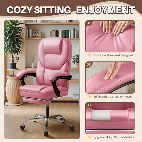 Massage Office Chair with Footrest and Lumbar Support for Big and Tall Executives (Pink)