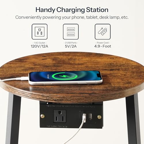 Small Round Side Table with Charging Station and Storage Basket