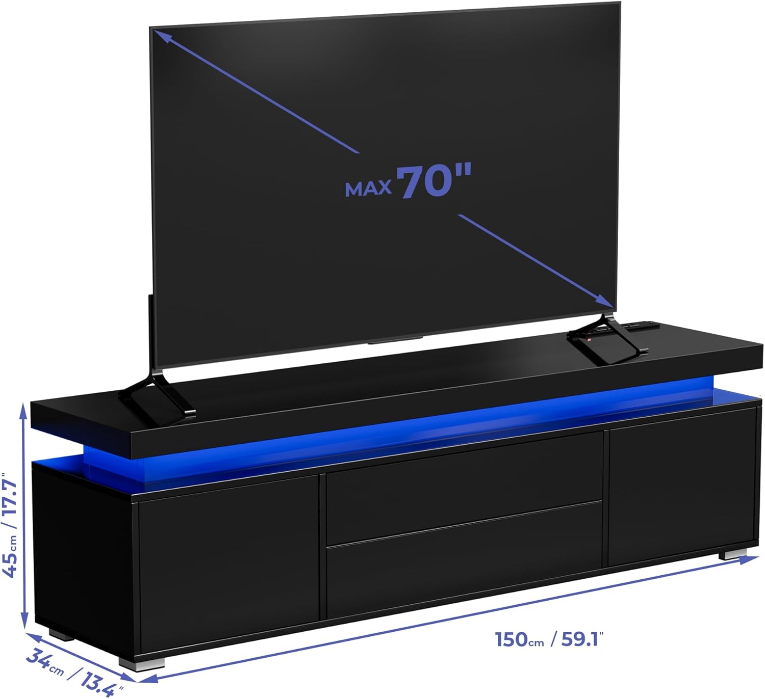 LED TV Stand Black High Gloss for 55/65/70/75 inch TV, Modern Entertainment Center with Storage, Gaming TV Stand, Media Console with Lights, Power Outlet, Adjustable Shelf, Living Room, Bedroom