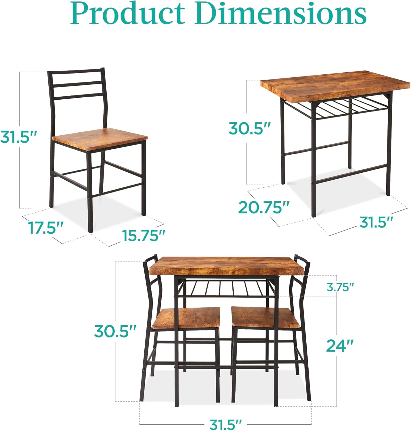 Simpler title: Space Saving 3-Piece Modern Dining Set with Storage Rack - Brown (For Kitchen, Dining Room, Small Space)